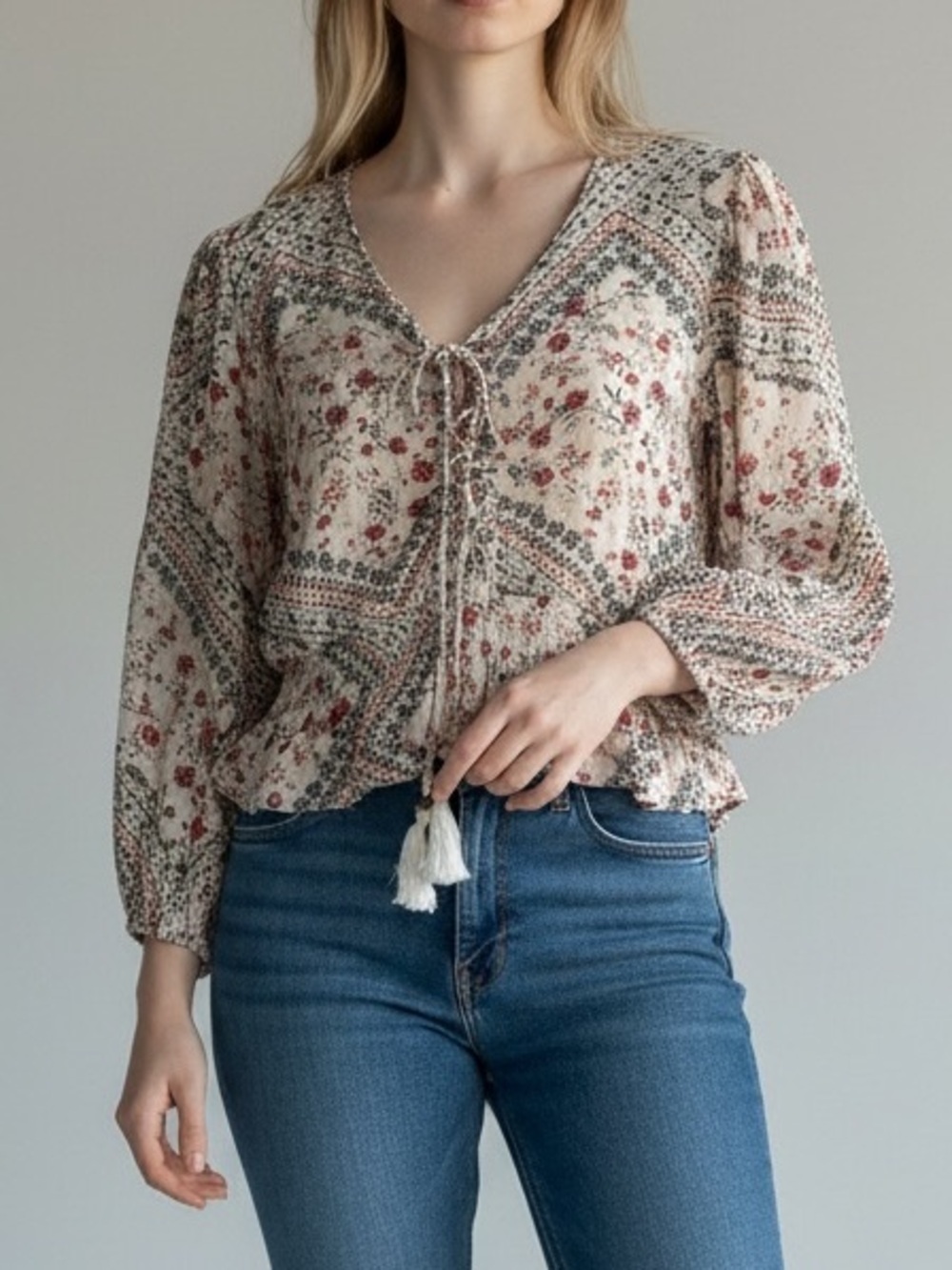 Mi Ami Floral Peasant Blouse XS Boho Cottagecore Smocked Tassel Tie Top